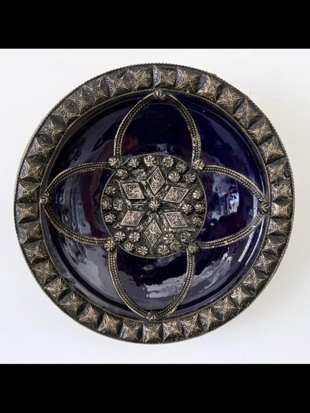 Moroccan Ceramic Charger Plate 13" Cobalt Blue Metal Overlay Islamic Geometric